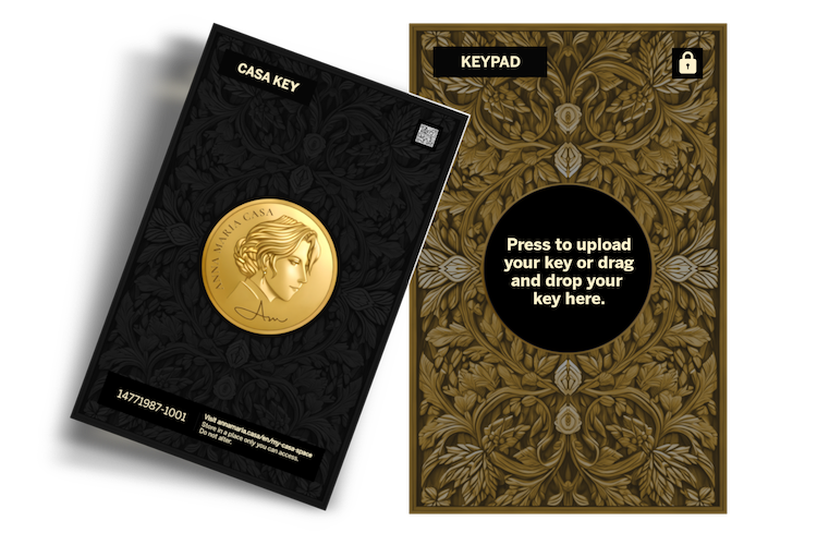 An image of a Casa Key and keypad side by side, seperated by an arrow representing the key being dragged and dropped on the keypad.