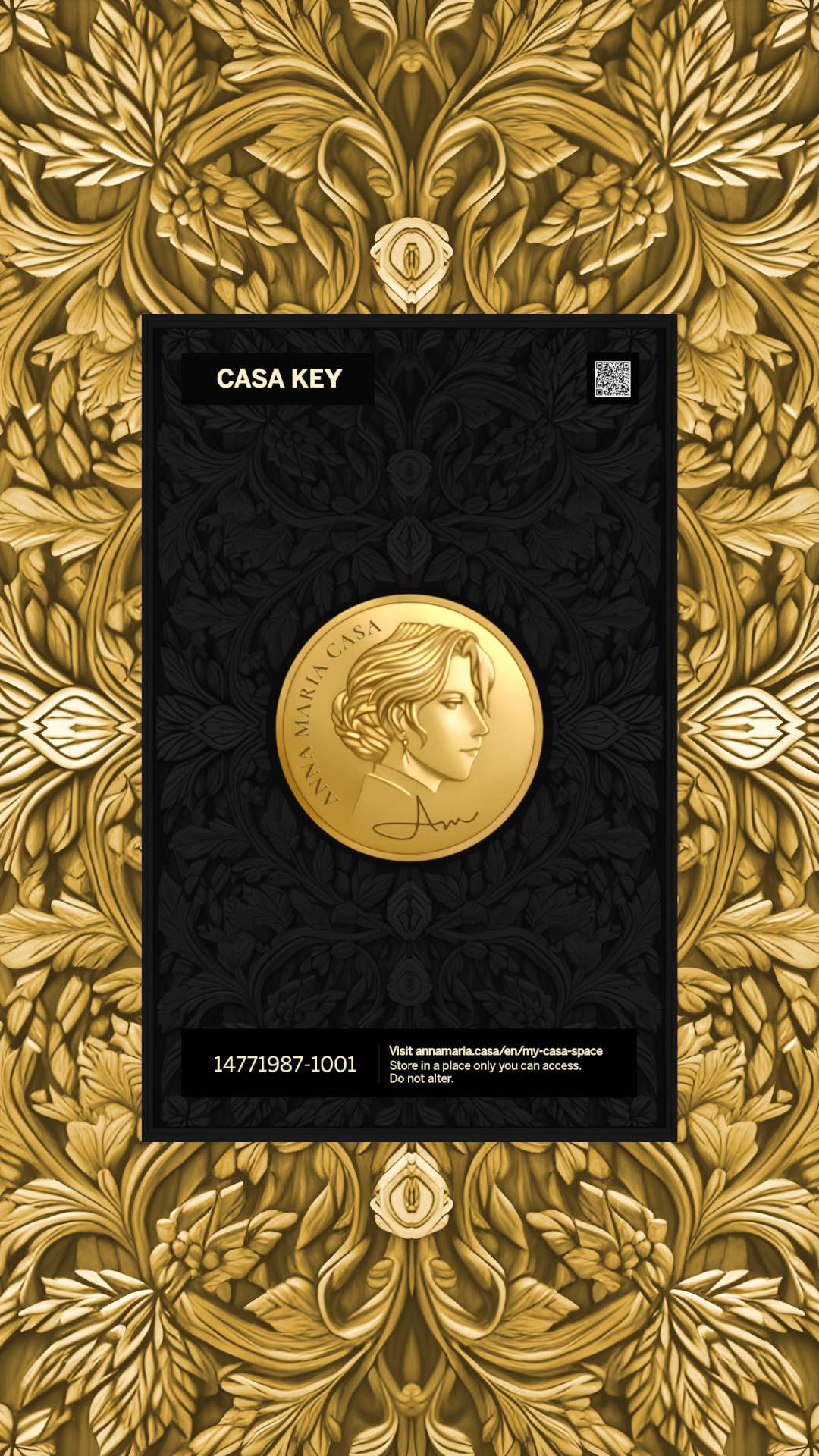An image of a Casa Key on textured wood with golden floral patterns in the background.