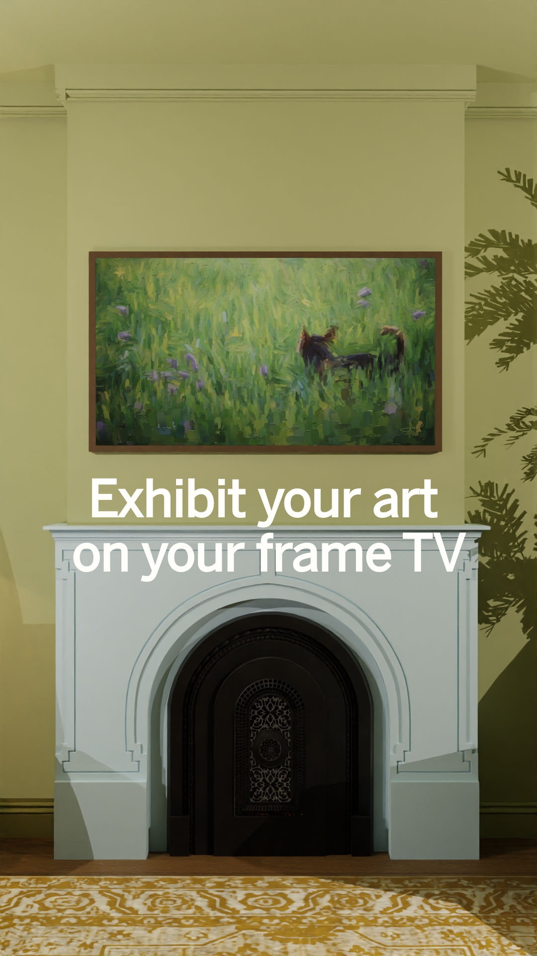 A frame TV on a green wall with Anna Maria Casa art.
